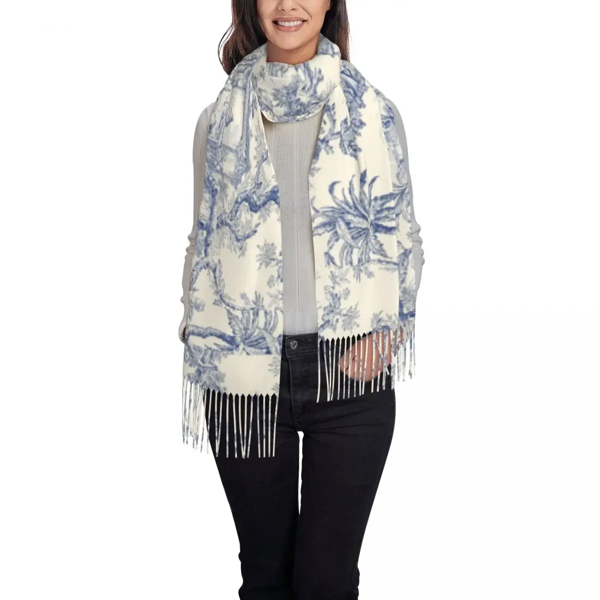 Toile De Jouy Patterns Scarf Women Stylish Winter Shawl Wraps French Motif Tassel 