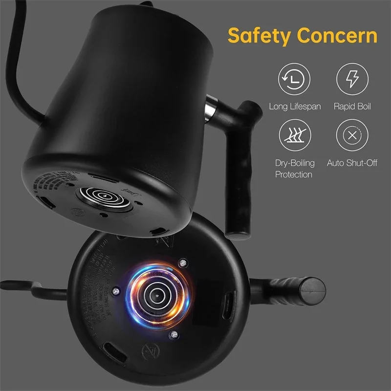 غلاية كهربائية معقوفة 1000 وات تسخين سريع للمياه درجة حرارة ثابتة ذكية 304 مياه من الفولاذ المقاوم للصدأ وغلاية قهوة