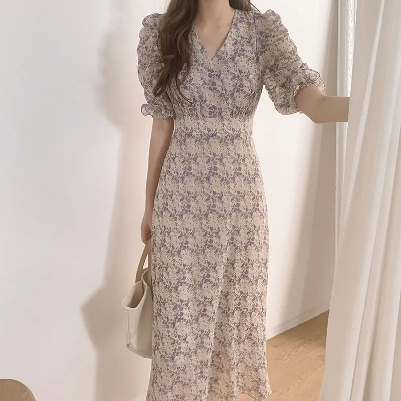 

Korean Chiffon Floral Summer Dress Women Elegant V-neck Bubble Sleeve Lace-up Waist Long Dresses Vestidos Elegantes Para Mujer