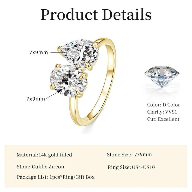Lnngy 7 x 9 mm ovaler/birnenförmiger klarer Zirkon-Ring, exquisites Design mit zwei Steinen, verstellbare Ringe für Frauen, 2026 Trend-Schmuck, Geschenk – Detail 2