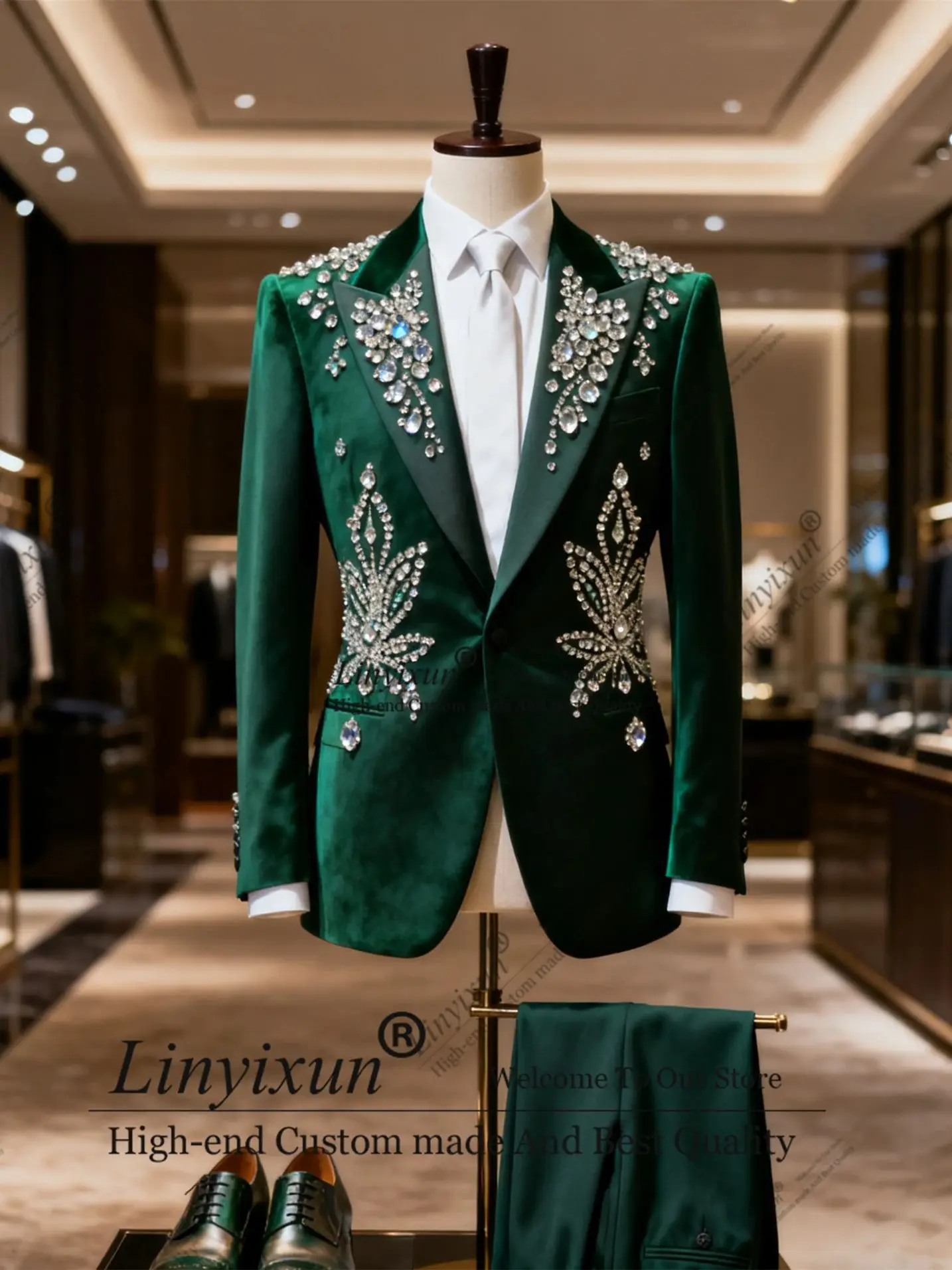 

Velvet Retro Trend Diamond Men Suits Customized Wedding Blazers Outfit 2 Pieces Sets Slim Fit High End Groom Tuxedos ropa hombre