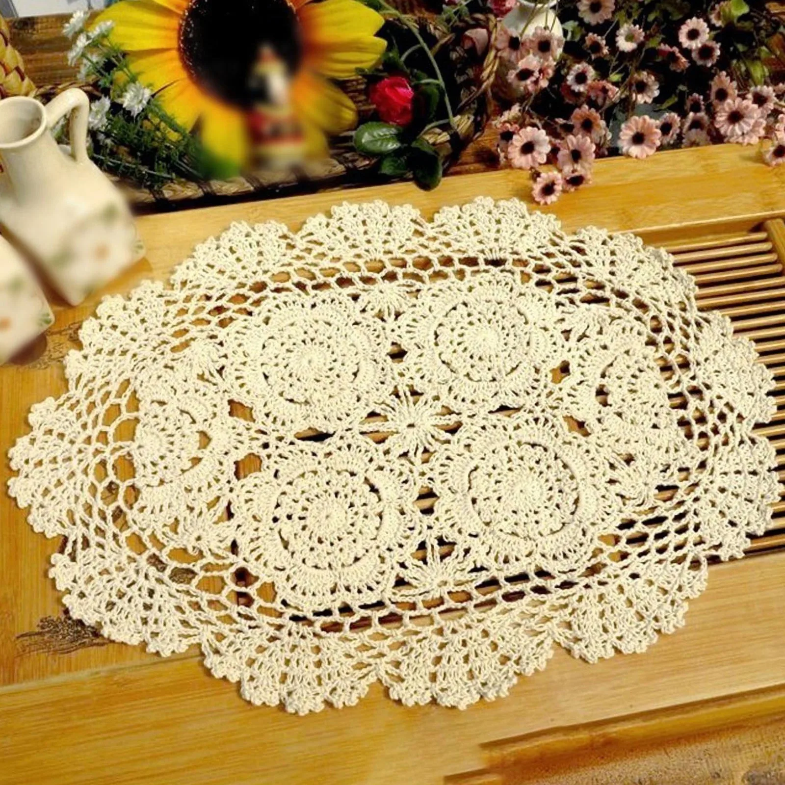 Handmade Cotton Crochet Oval Placemats Openwork Lace Woven Non-Slip Heat-Insulating Tablecloth Retro Country Style Table Mats