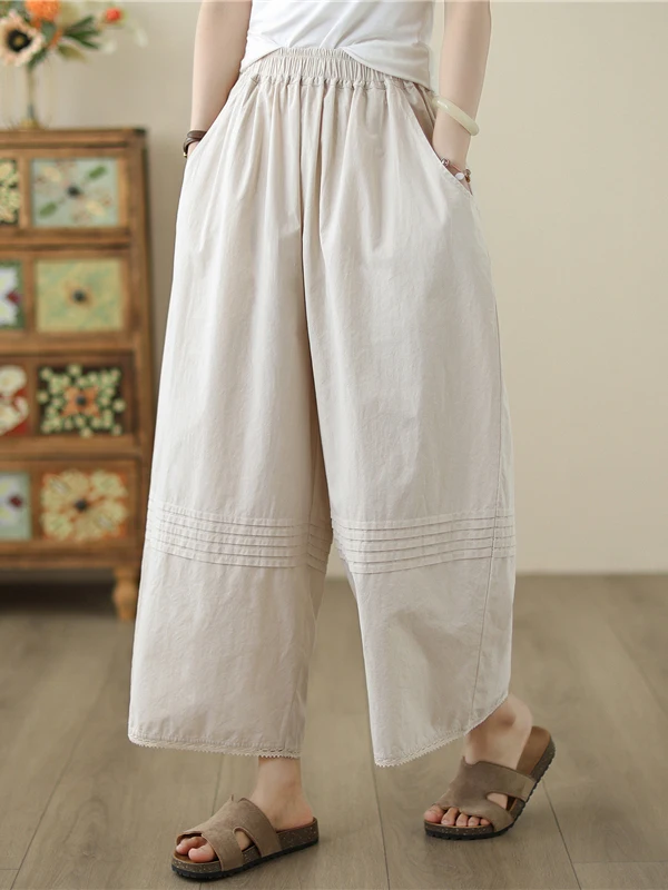 

Повседневные свободные широкие брюки для женщин, летние, простые, художественные, универсальные, из хлопка, прямого кроя, с высокой талией, на резинке, удобные