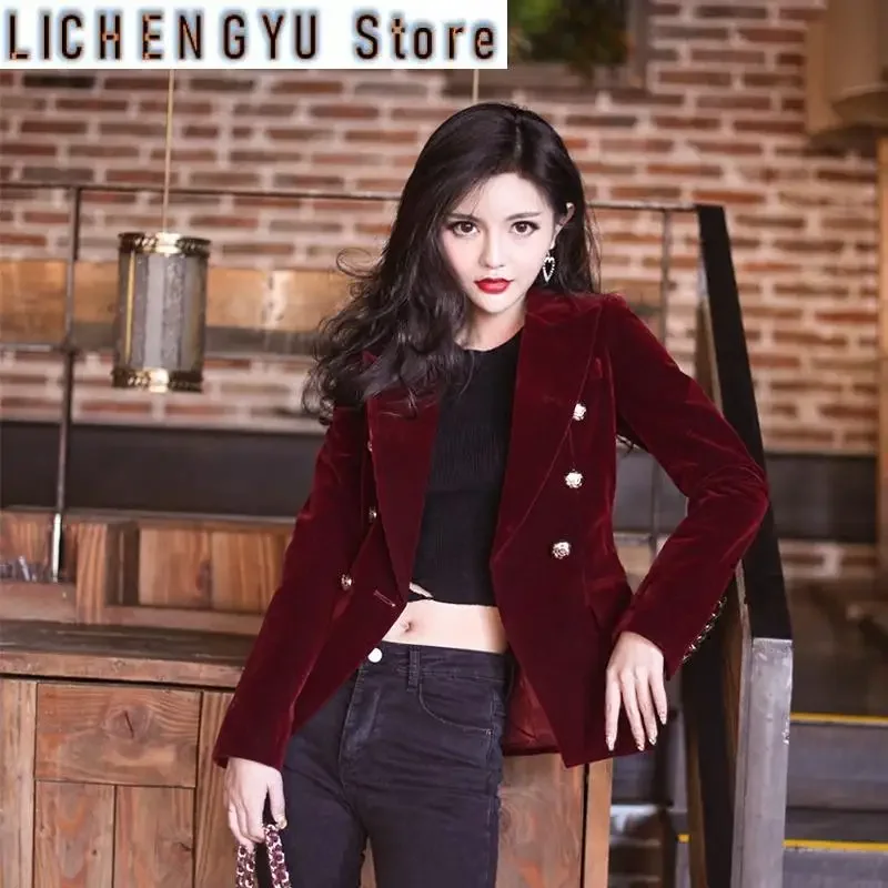 Fashion Brand Spring Women Slim Velvet Blazer Jacket Double Breasted Simple Lady Blazers High Grade OL Clothing