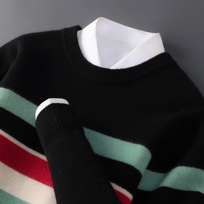 

Качественный мужской пуловер из 100% мериносовой шерсти с круглым вырезом в цветную полоску с длинными рукавами, осенне-зимний повседневный свитер, теплый, мягкий, простой, вязаный