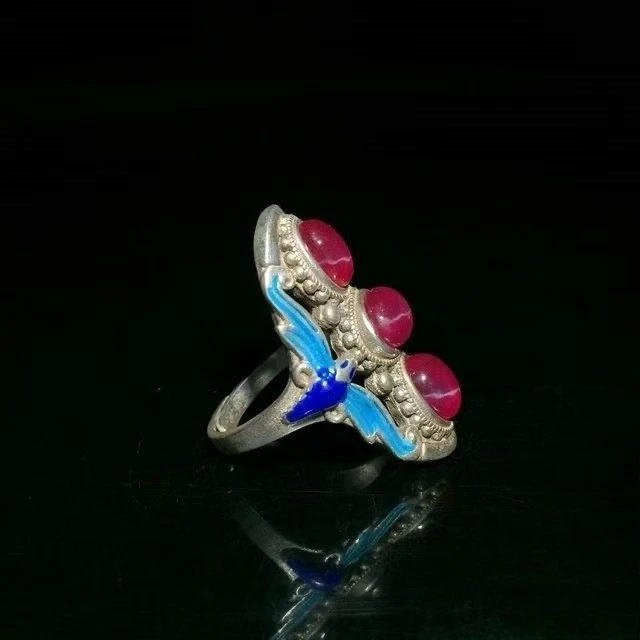 Antique Collection Cloisonne Old Silver Ring Seiko Inlaid Starlight Gemstone Miao Silver Open Ring Gift Silver Jewelry