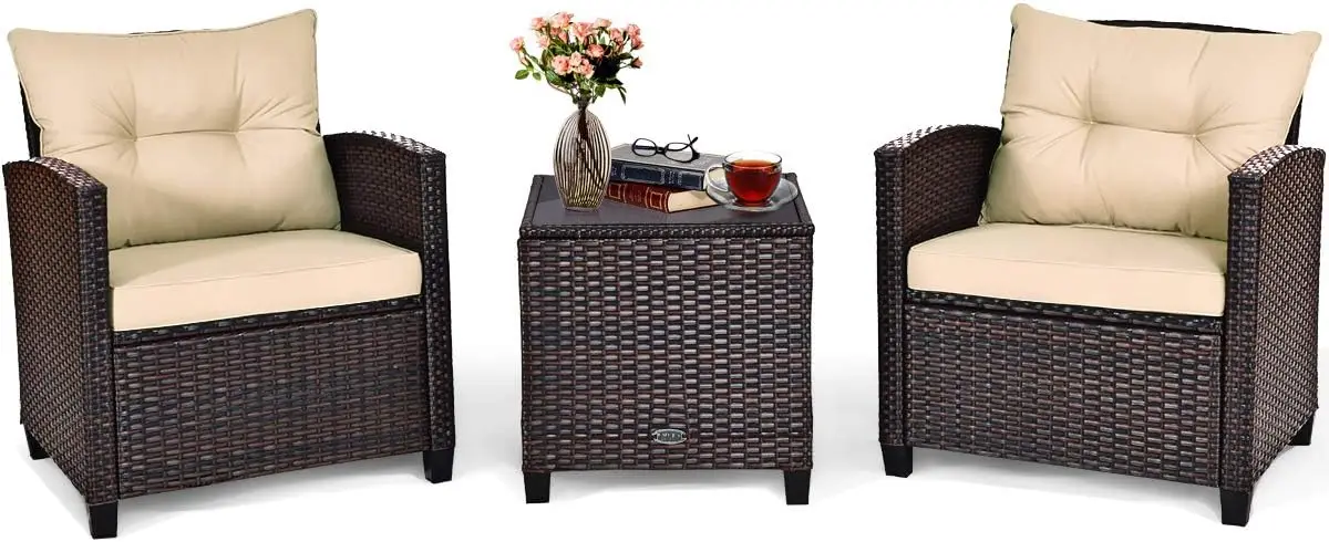 PE Rattan Wicker Outdoor Sofa Set, almofada lavável, mesa de vidro temperado, conversação Móveis