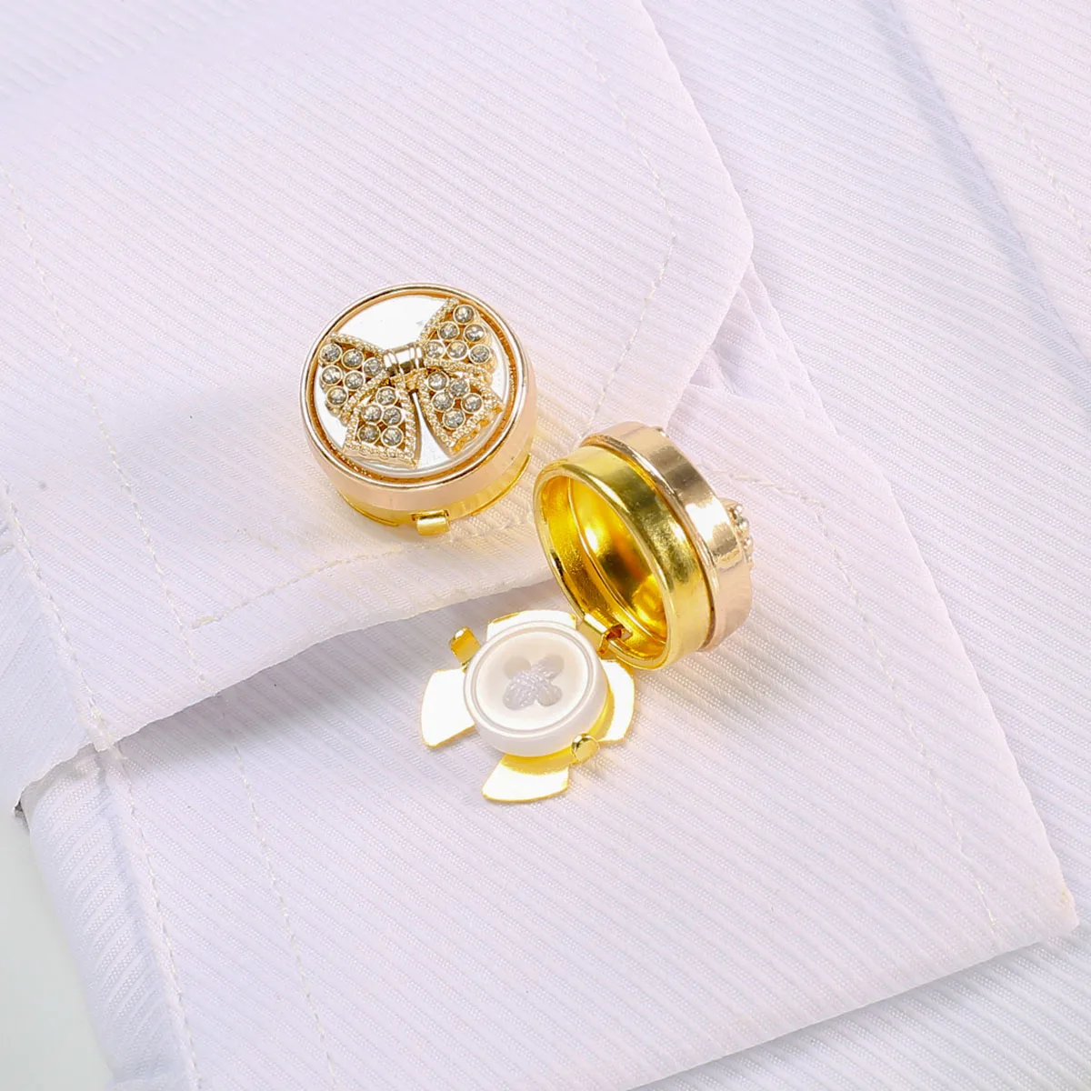 2 Piece Set Metal Button Cufflinks Button Covers Sparkling Rhinestones Pearl Bow Button fit Tuxedo Shirt Fashion Fancy Buttons