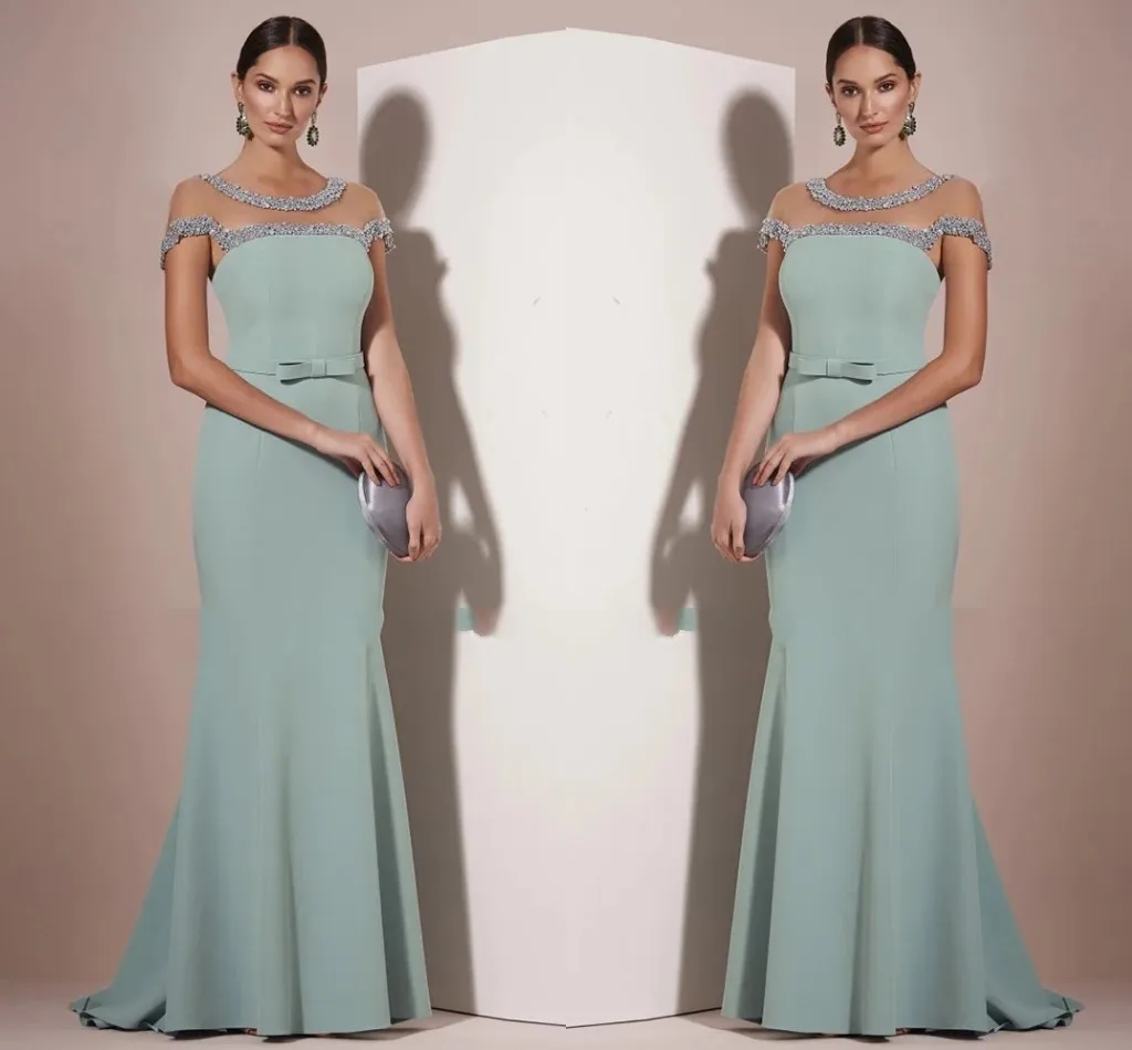 

2026 Modern Sage Women Formal Evening Dress Scoop Beading Pearls Cap Sleeves Mermaid Satin Long Prom Pageant Party Gowns