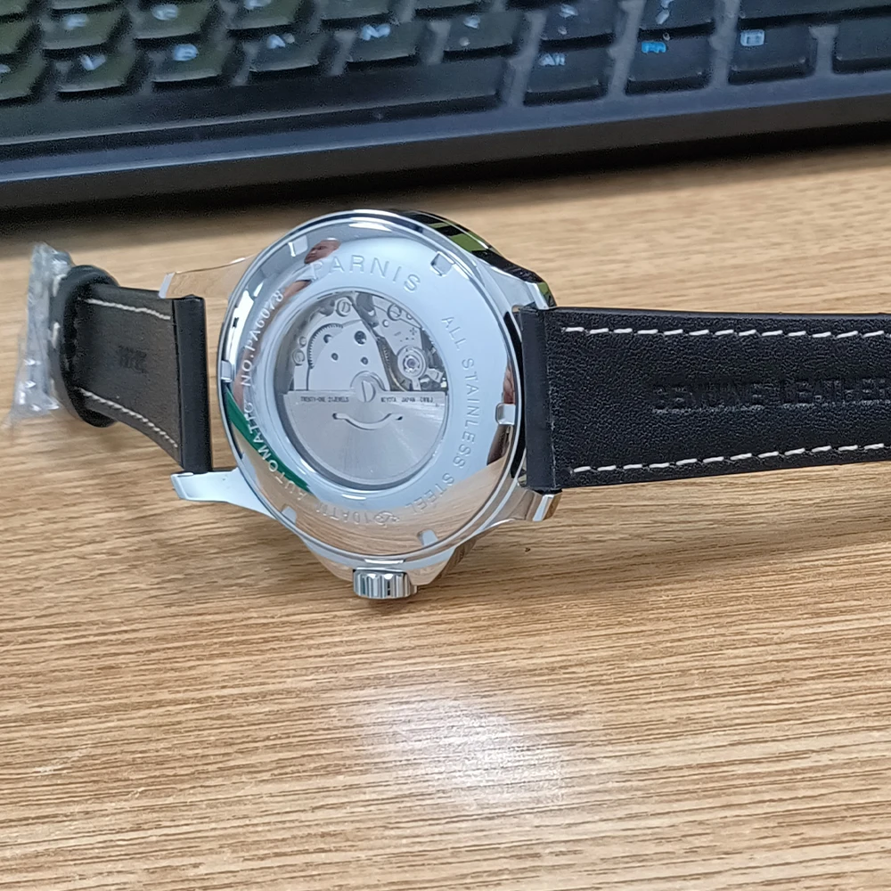 Parnis 44 mm blaues Zifferblatt, Saphirglas, Automatikwerk, 10 ATM wasserdichte Herrenuhr