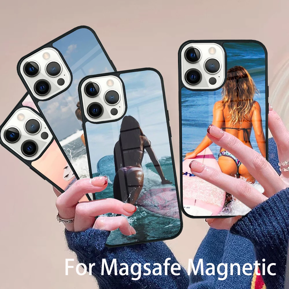 

Hot Bikini Surfer Babe Phone Case Magesafe Magnetic Wireless Charge Cover For IPhone 16 11 12 13 14 15 Pro Max Plus Mini