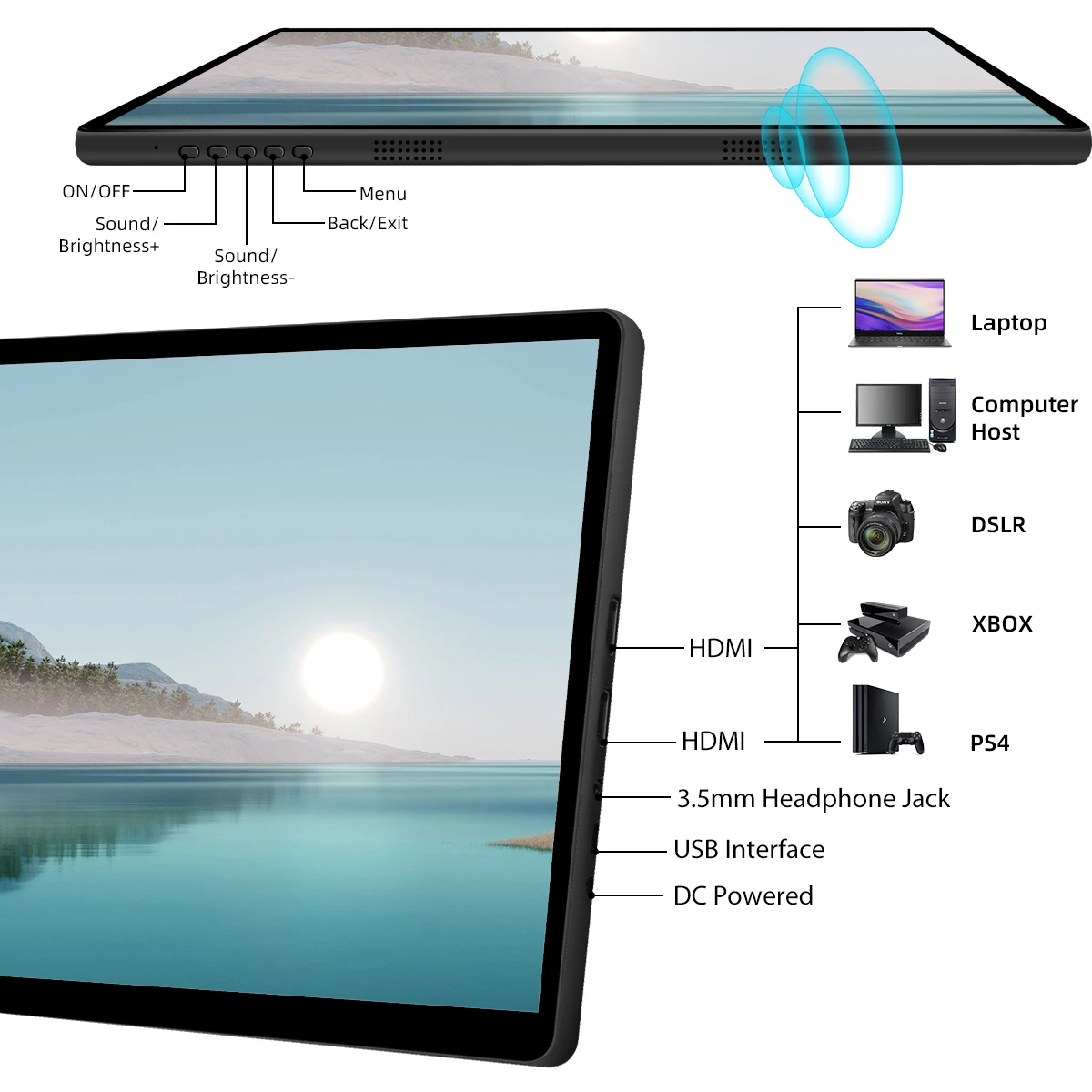 شاشة محمولة عالية الدقة 14 بوصة 1080P مع منفذ USB HDMI متوافق مع IPS شاشة عرض كمبيوتر ألعاب لأجهزة الكمبيوتر المحمول مفتاح XBOX PS4 PS5