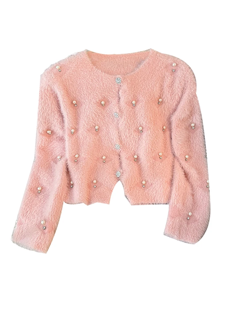 Beading O-Neck Plush Long Sleeved Sweater  Women\'s Autumn Loose Soft Glutinous Knit Cardigan Elegant Single Breasted Short Top