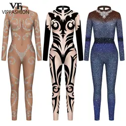 VIP FASHION Skin Color Rhinestone Print Jumpsuit for Women Elegant Zentai Bodysuits Lady Festival Catsuit Cosplay Party Costume