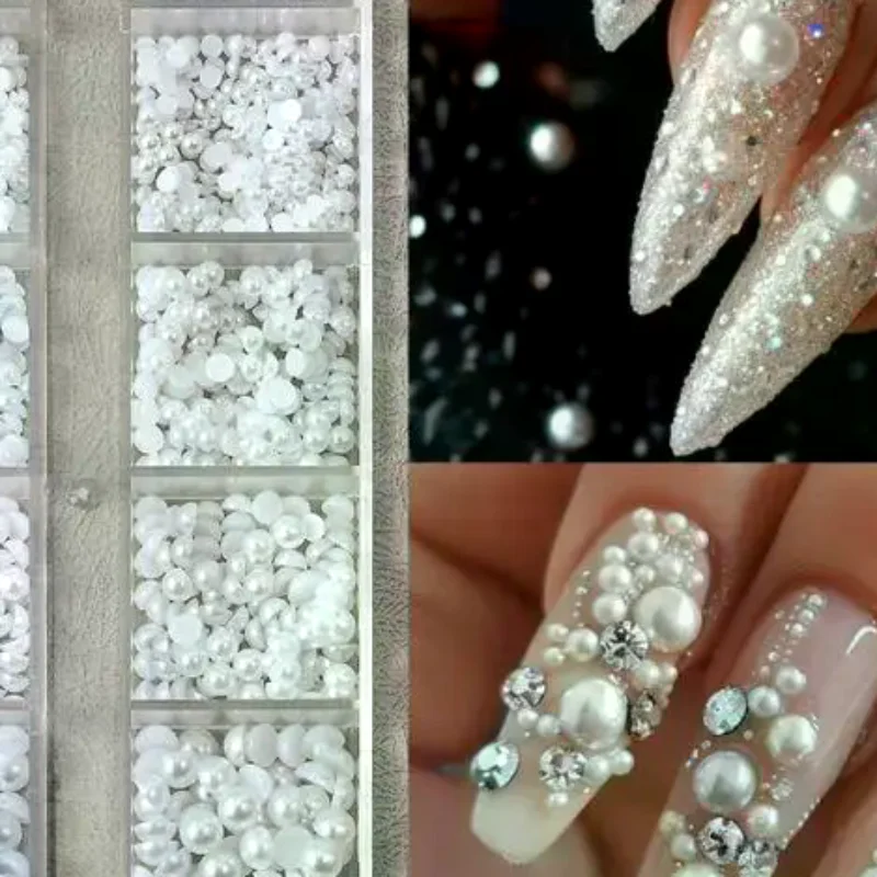 12 Grid Mixed Flat Bottomed Pearl Half Round Rhinestones 3D Nail Decoration Nail Jewelry Nail Charm Manicure Art
