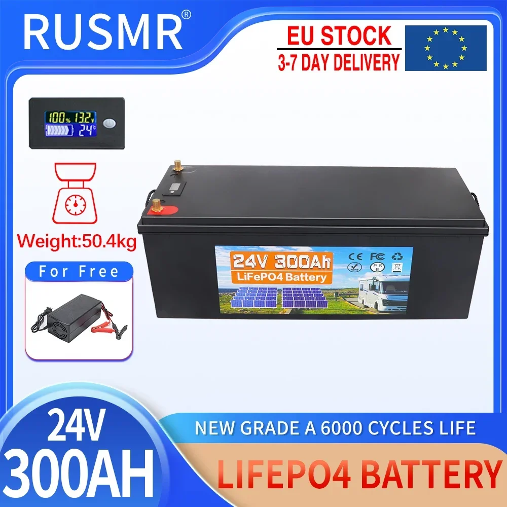 24V LiFePO4 Battery 100Ah 150Ah 250Ah 300Ah Built-in BMS Lithium Iron Phosphate Cells 6000 Cycles For RV Campers Golf Cart Solar