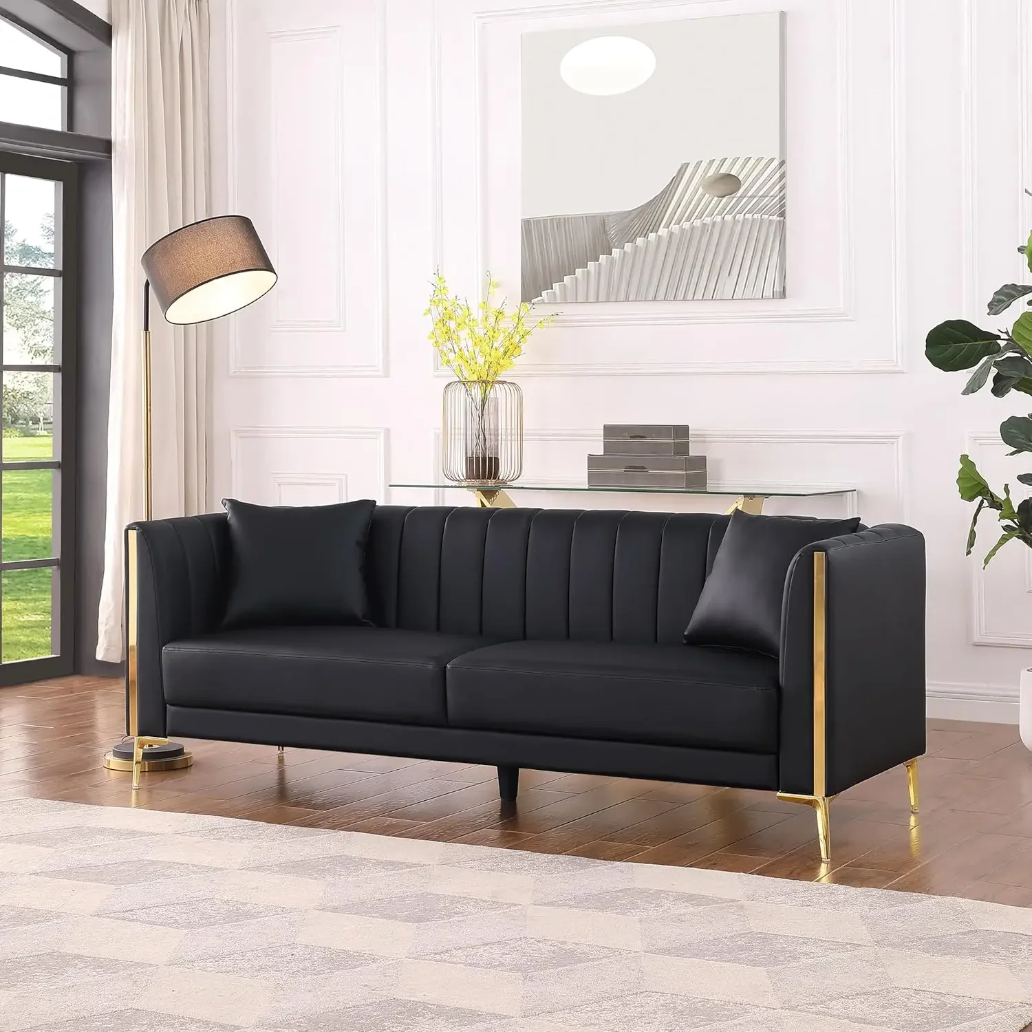 78'' Sofa, Black Sofas Couches for Living Room, Comfy Sofa Faux Leather Sofa 3 Seater Sofa with 2 Throw Pillows and Gold Metal L