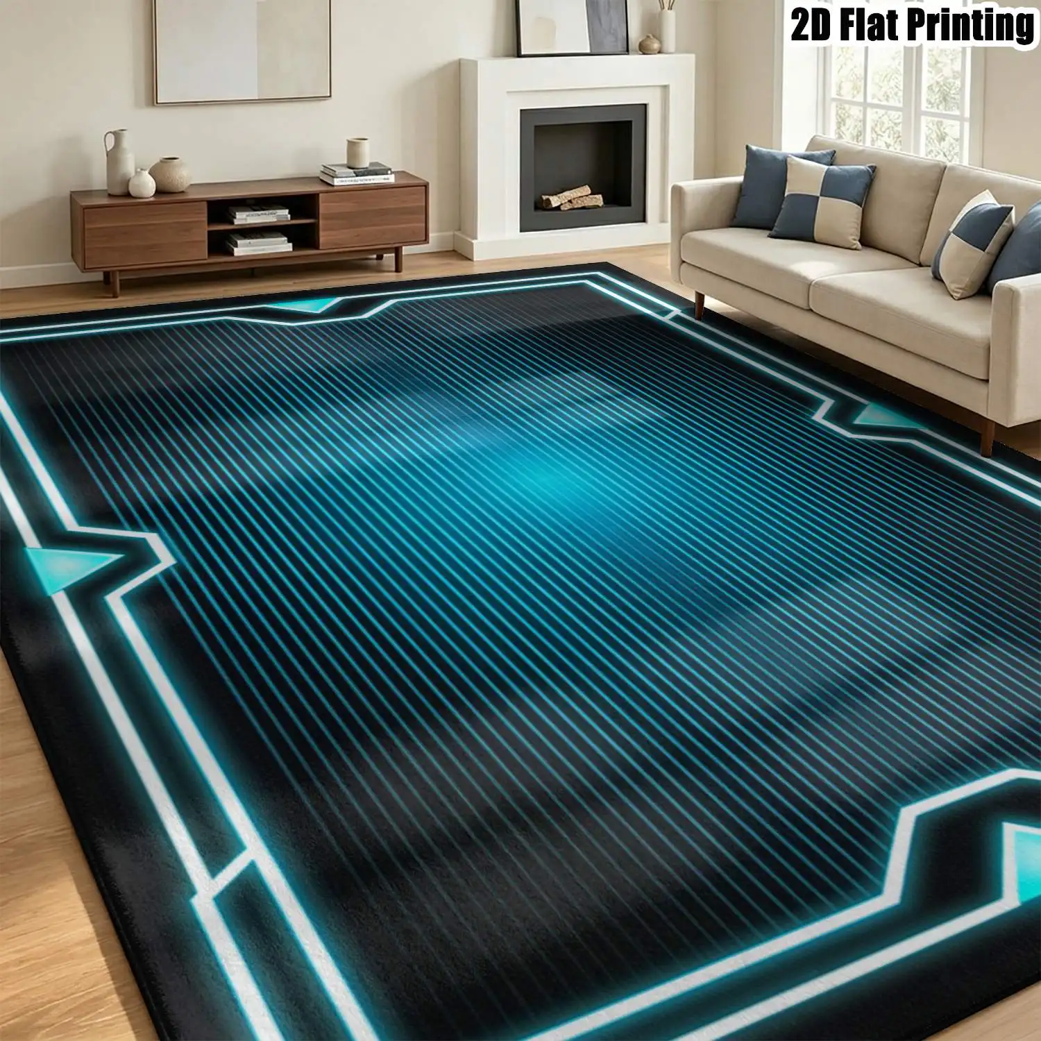 1Pc 2D Printed Blue Black Tech Geometric Carpet, Modern Simple Instagram Floor Mat, Home Decor, Multi-Size, Machine Washable, for Entrance/Dining/Foyer/Bedroom/Study/Living Room