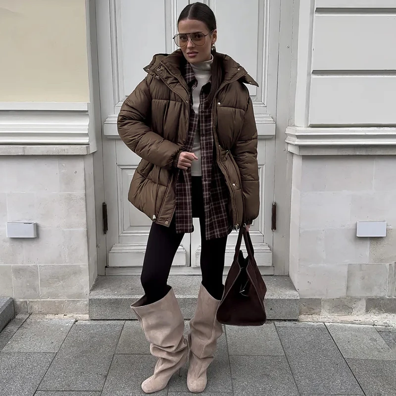 

Tornova 2025 Winter New Drawstring Cotton Padded Jacket Woman Zipper Hooded Parkas Fashion Long Sleeve Warm Clothing Lady Casual