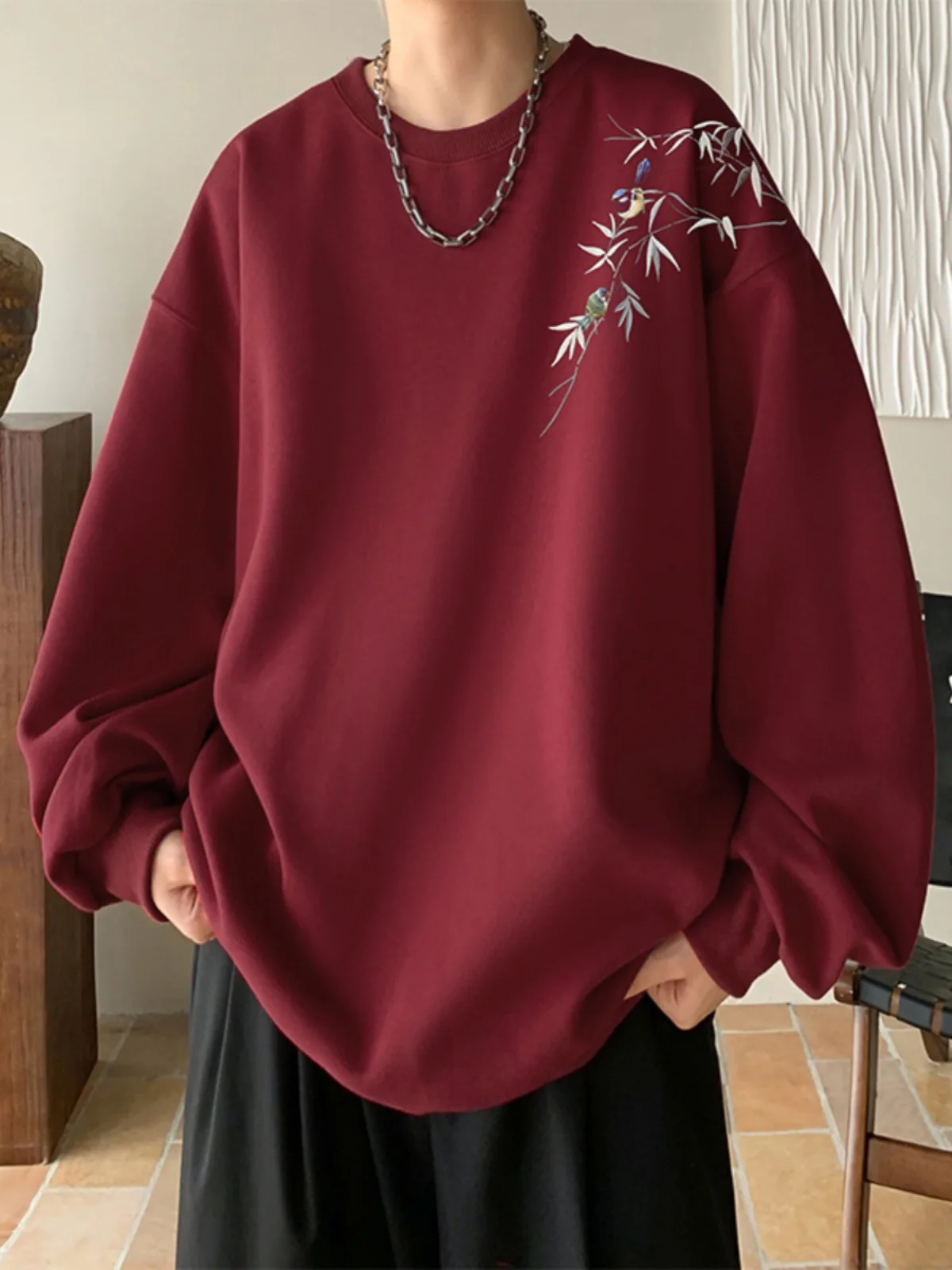 

Chinese Style Wine Red 's Round Neck Men's Clothing Trendy And Loose New Heavy-duty Hoodies