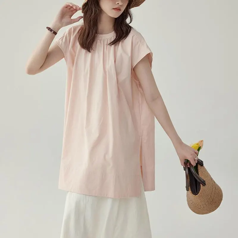 Japan Stil lässig Kurzarm Bluse weibliche Kleidung einfarbig Basic Sommer stilvolle Falten lose geteilte Pendler O-Neck Shirt