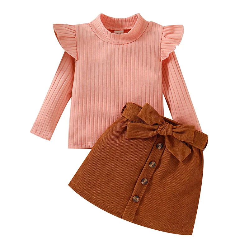 Toddler Girl Spring Fall Winter Clothes Long Sleeve Ribbed T-Shirt Knit Tops Mini Skirts Set 2 Piece Outfits