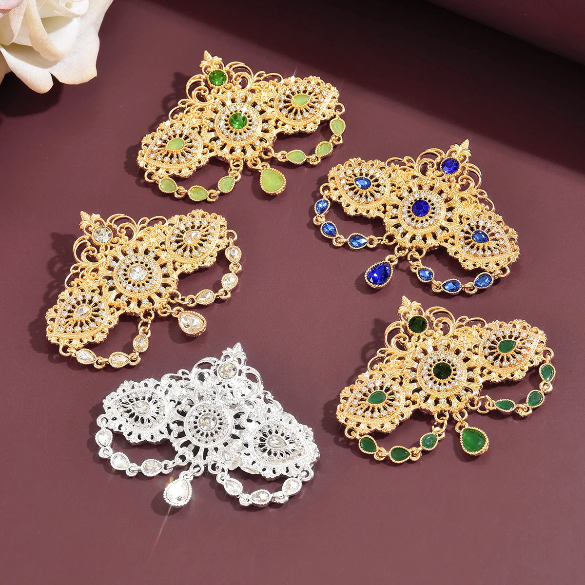 

Elegant Brooch: Multi-Color Gem & Tassel Design. Ideal For Weddings, Evening Parties, Dress Embellishment
