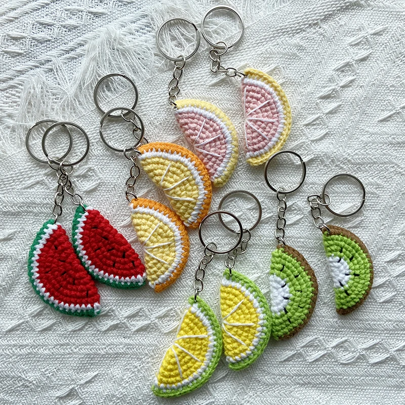15PCS Cute Knitting Fruit Keychain Creative Knitted Watermelon Lemon Car Keys Wholesale Weaved Keyrings Bag Accessories