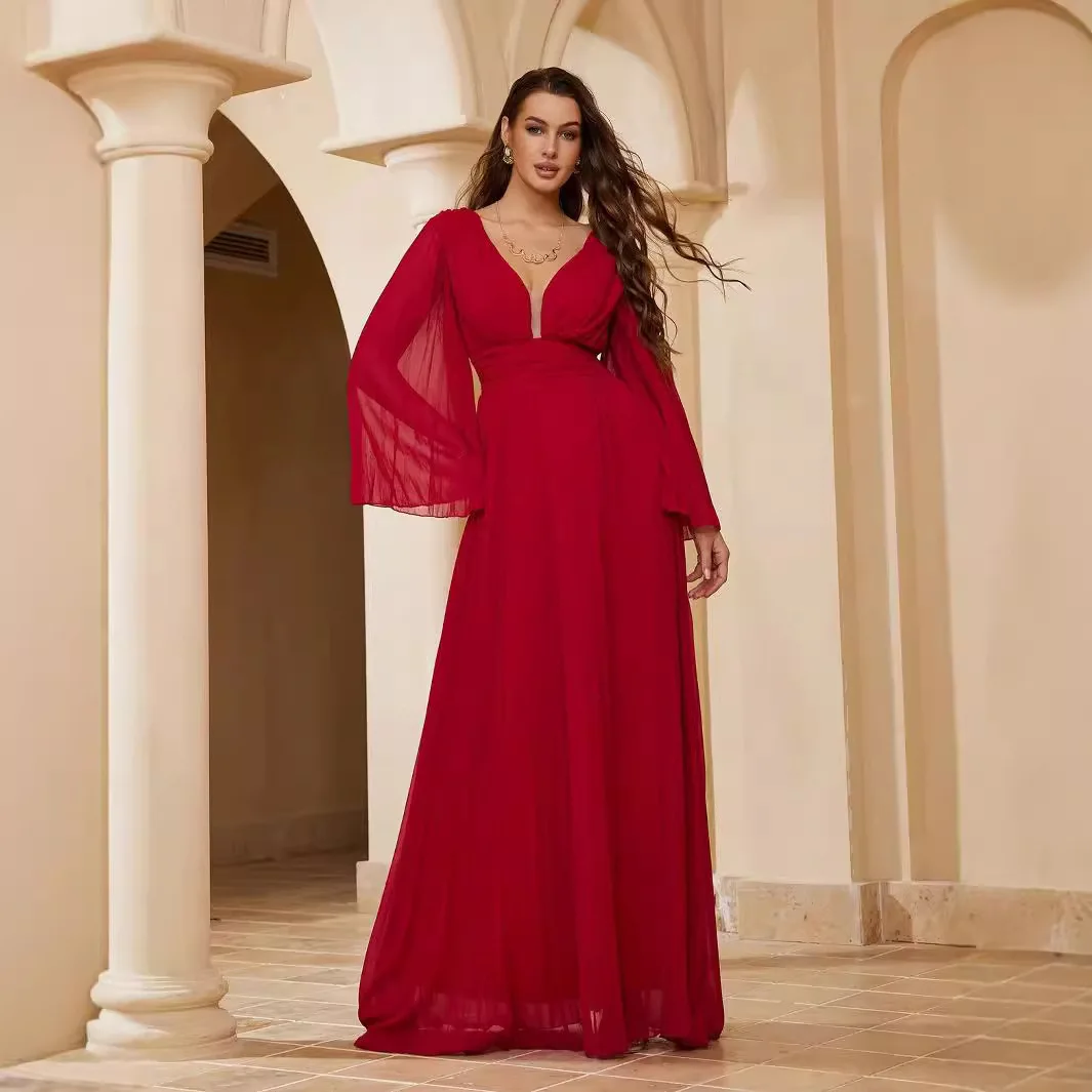 ชุดเดรสแขนยาว V ลึกเซ็กซี่ของผู้หญิง - ชุดทางการเข้ารูปพอดีตัว, ชุดเดรสค็อกเทลปาร์ตี้ตอนเย็น, ชุดเดรสเข้ารูปหรูหรา 2025