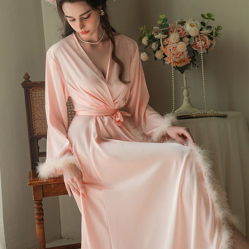 Bride Robe Satin Sleepwear Long Kimono Gown Female Sexy Feather Sleeve Nightdress Loungewear Wedding Party Lounge Nightgown