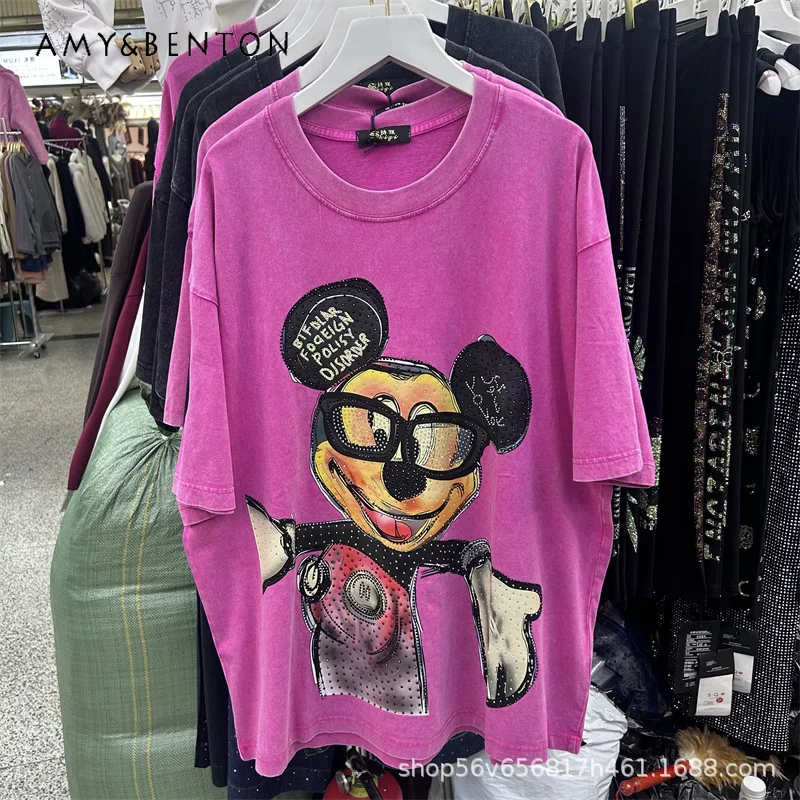 

Heavy Industry Rhinestone 2026 Summer Short Sleeved T-shirt Ladies Loose Fit Oversized Mid-length Cartoon Stylish Top Tshirts