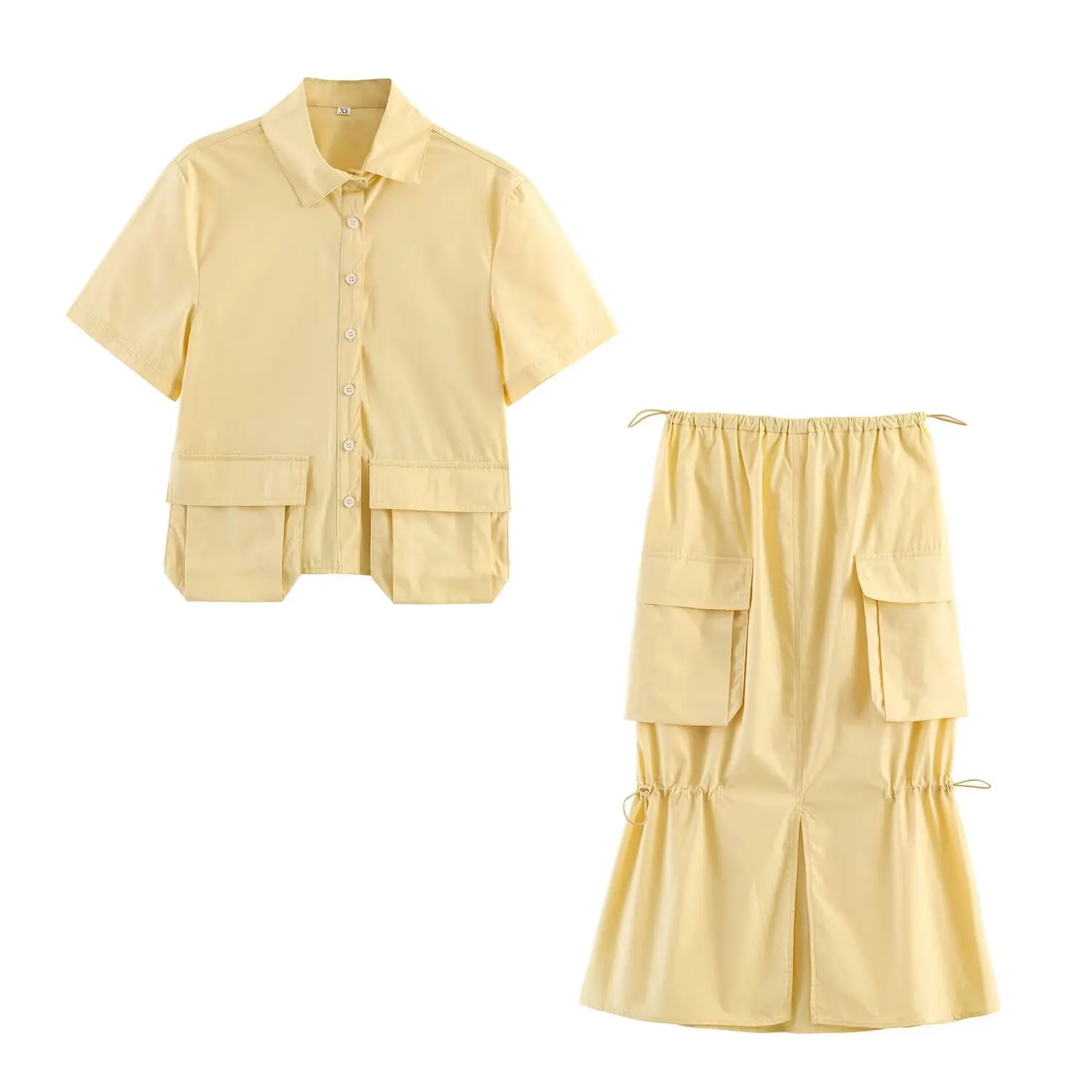 European and American style 2026 new summer casual women's casual fashion pocket lapel shirt top + workwear midi skirt set