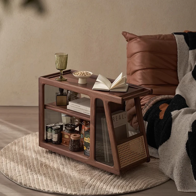 

Solid wood sofa side few trolley side cabinet living room black walnut movable small coffee table tea table