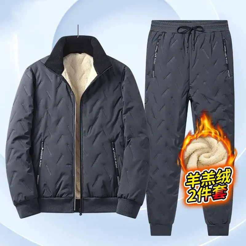 

Thiened Lamb Velvet Set Men's Winter Casual Fce Lined Zipper Jaet Two Piece Cotton Clothes Warm Loose Fit Polyester Fiber
