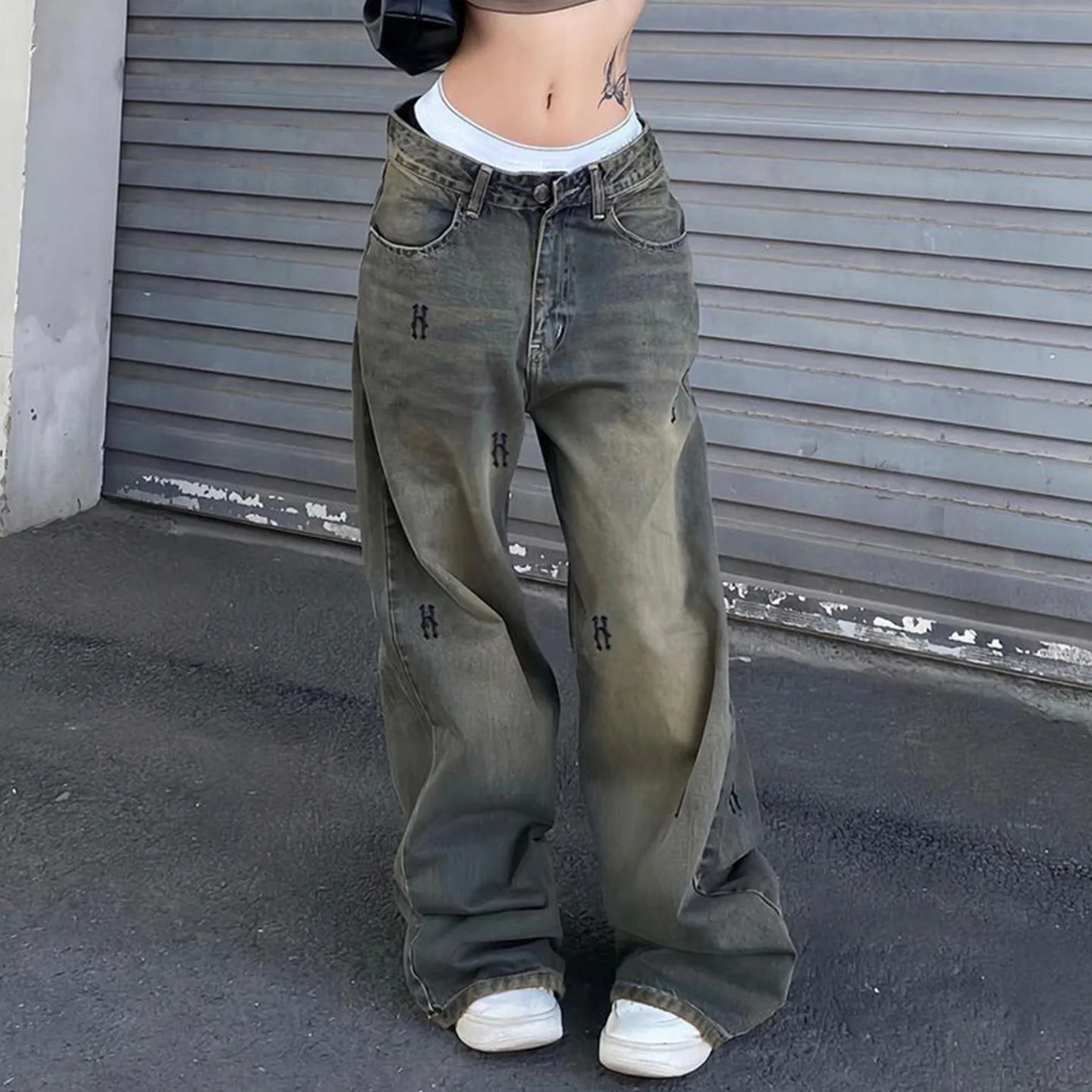 Осенние новые женские джинсы в стиле ретро со старым принтом, свободные повседневные широкие брюки с низкой талией, мешковатые джинсы