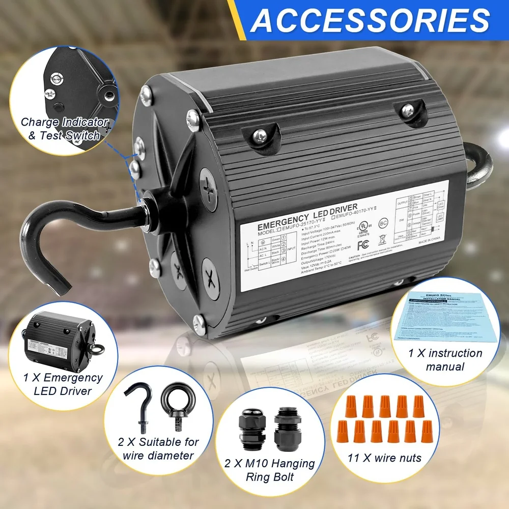40W  Emergency Backup Driver Rechargeable UL Listed Dimmable High Bay Light  100-347V Output DC 170V 90min Backup