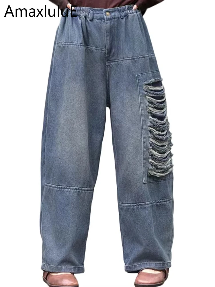 

AmaxluluE Summer Streetwear Womens Vintage Holes Loose Denim Pants Ladies Fashion Leisure Jeans Classic Elastic Waist Trousers