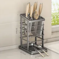 Stainless Steel Knife Holder With Tray Large Chef Knives Scissors Stand Kitchen Supplies Tool Storage Rack Home Organization