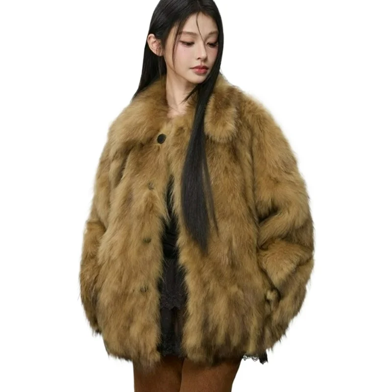 

2026 Winter Fashionable Single-breasted Lapel Warm Jacket Socialite Style Maillard Style Short Eco-friendly Fur Coats for Women