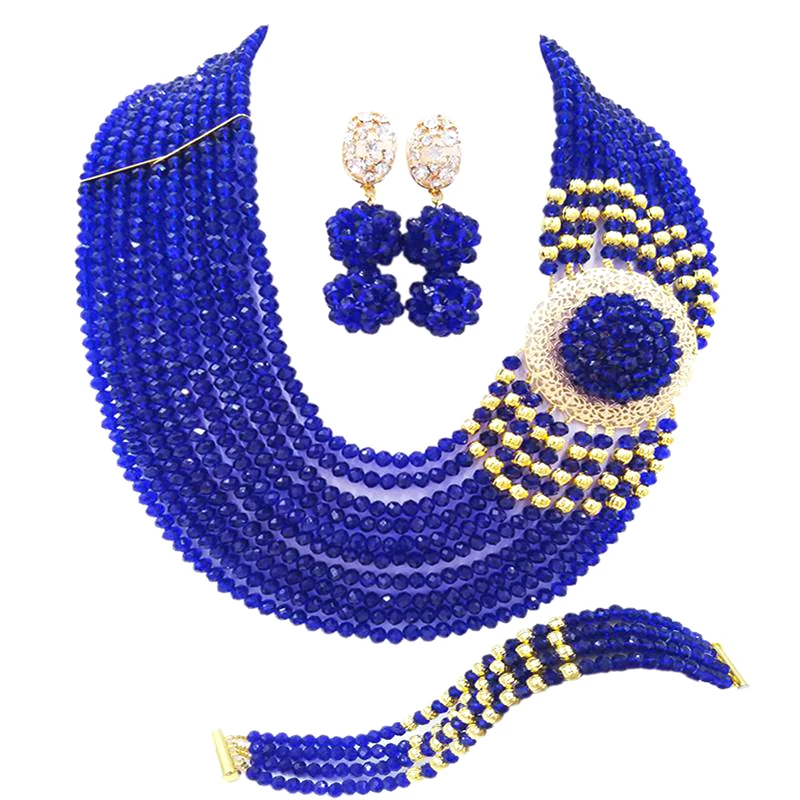 African Wedding Women's Jewelry Nigeria Bridal Wedding Dress Accessories Royal Blue Crystal Necklace Couple Jewelry Set YY-35