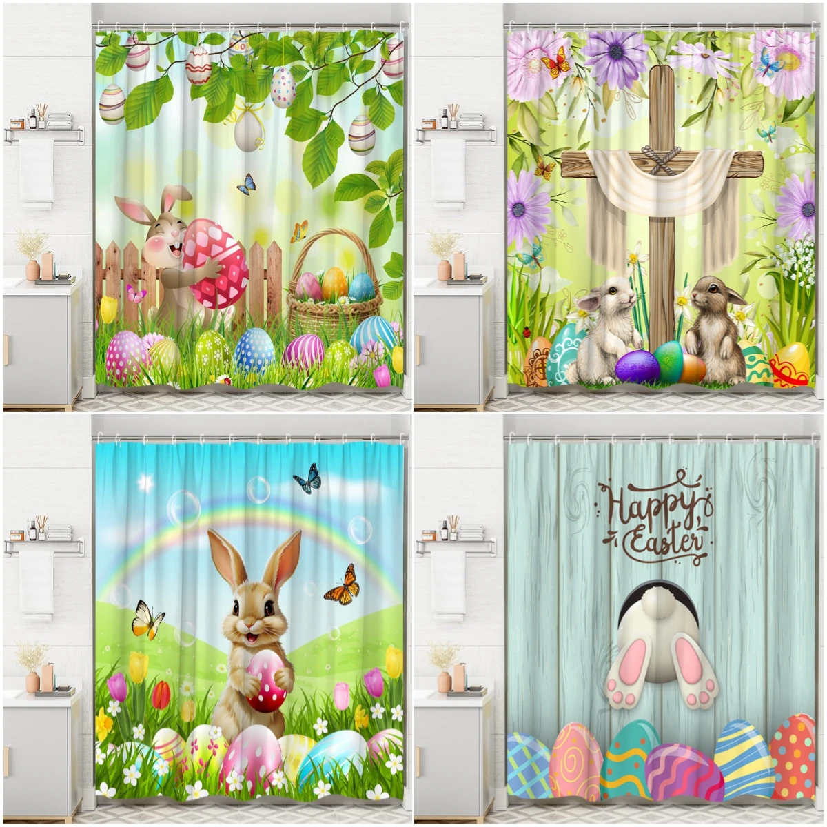 Easter Shower Curtain, Spring Rabbit Egg Farm Butterfly Flower Cross Greenery Leaf Barn Cartoon Cute Kids Bathroom Decoration