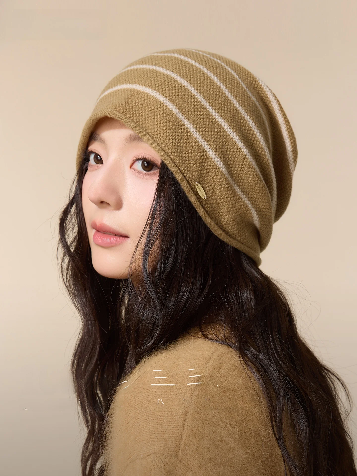 cacuss-pure-wool-knitted-hat-women's-autumn-winter-warm-stripe-patterned-chunky-knit-hat-face-slimming-hat-foldable-cap