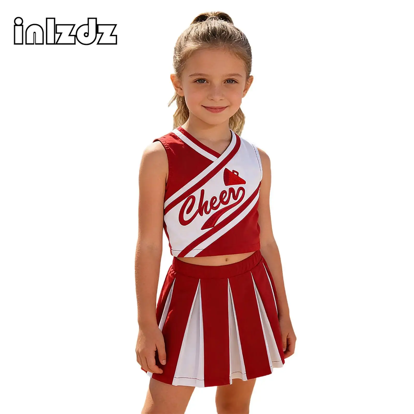 

Kids 2 Pieces Cheerleading Uniform Girls School Show Cheer Leader Costume Sleeveless Top+Ruffled Skirt Set for Halloween Party