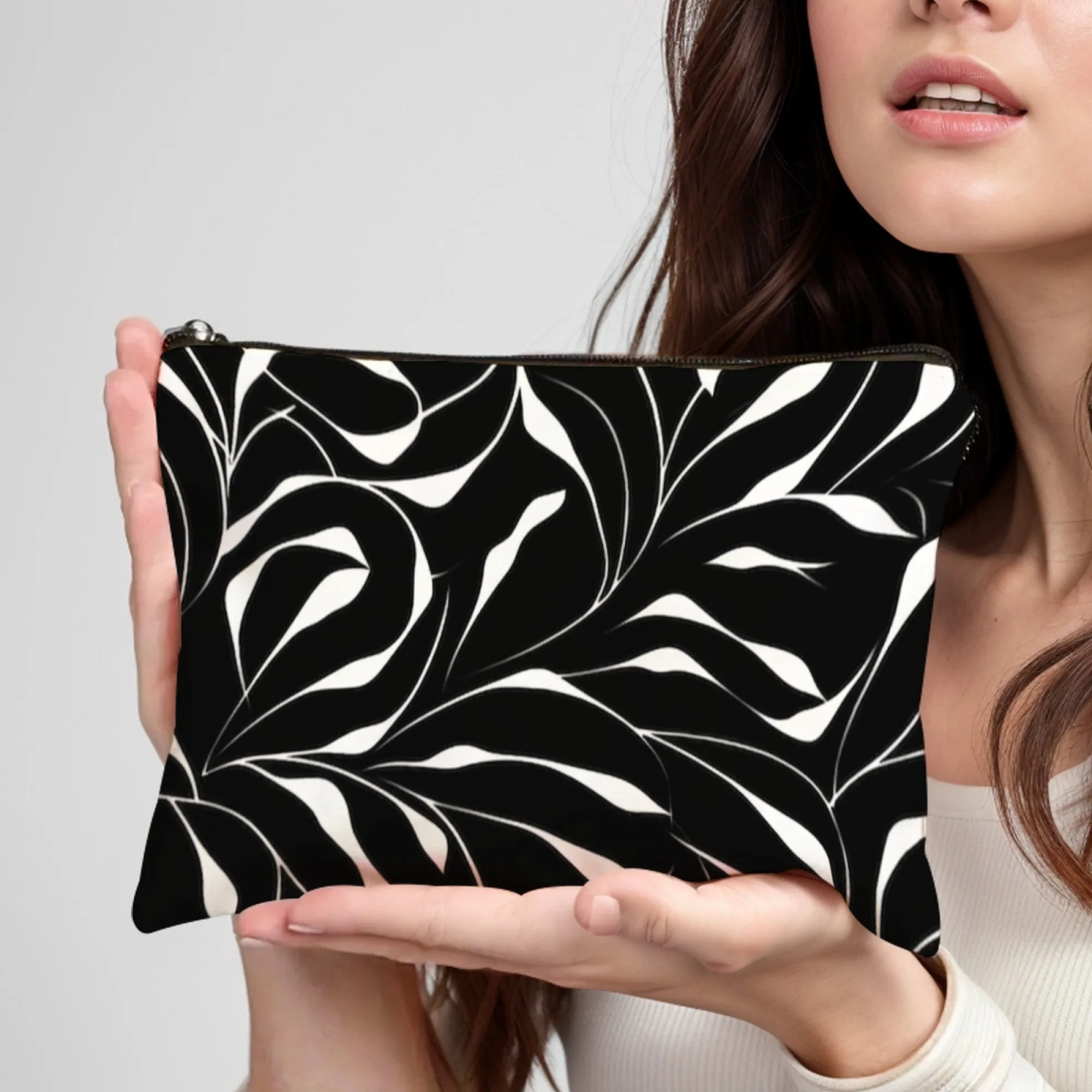 أنيقة أسود-أبيض ورقة المرأة حقيبة مستحضرات تجميل رقيقة خط ورقة الصور الظلية والمساحة السلبية الحد الأدنى الحديثة منظم أدوات التجميل الحقيبة #4