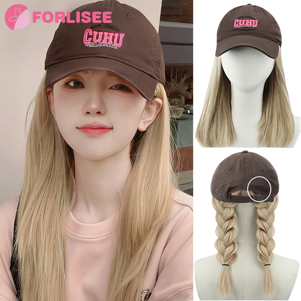 

FORLISEE Synthetic Wig Hat Women's Long Straight Hair Full Head Cover White Gold Baseball Hat Simulated Hair Wig Cover