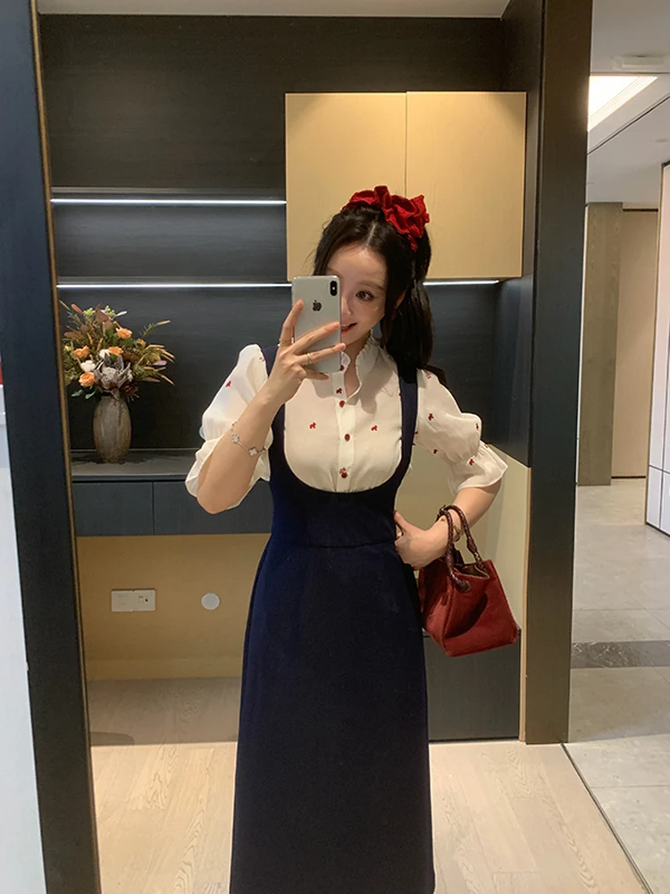 

Spring Summer Embroidered Shirt And Denim Skirt Set Women's Fashion Slimming Waist Cinched Motif Top Bottom Ensemble