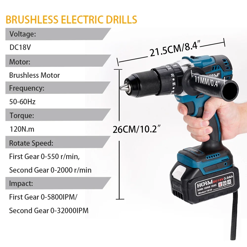 Furadeira de impacto elétrica sem escova, 18v, 120n.m, com bateria de lítio, chave de fenda elétrica de 13mm com alça, ferramenta de broca manual doméstica