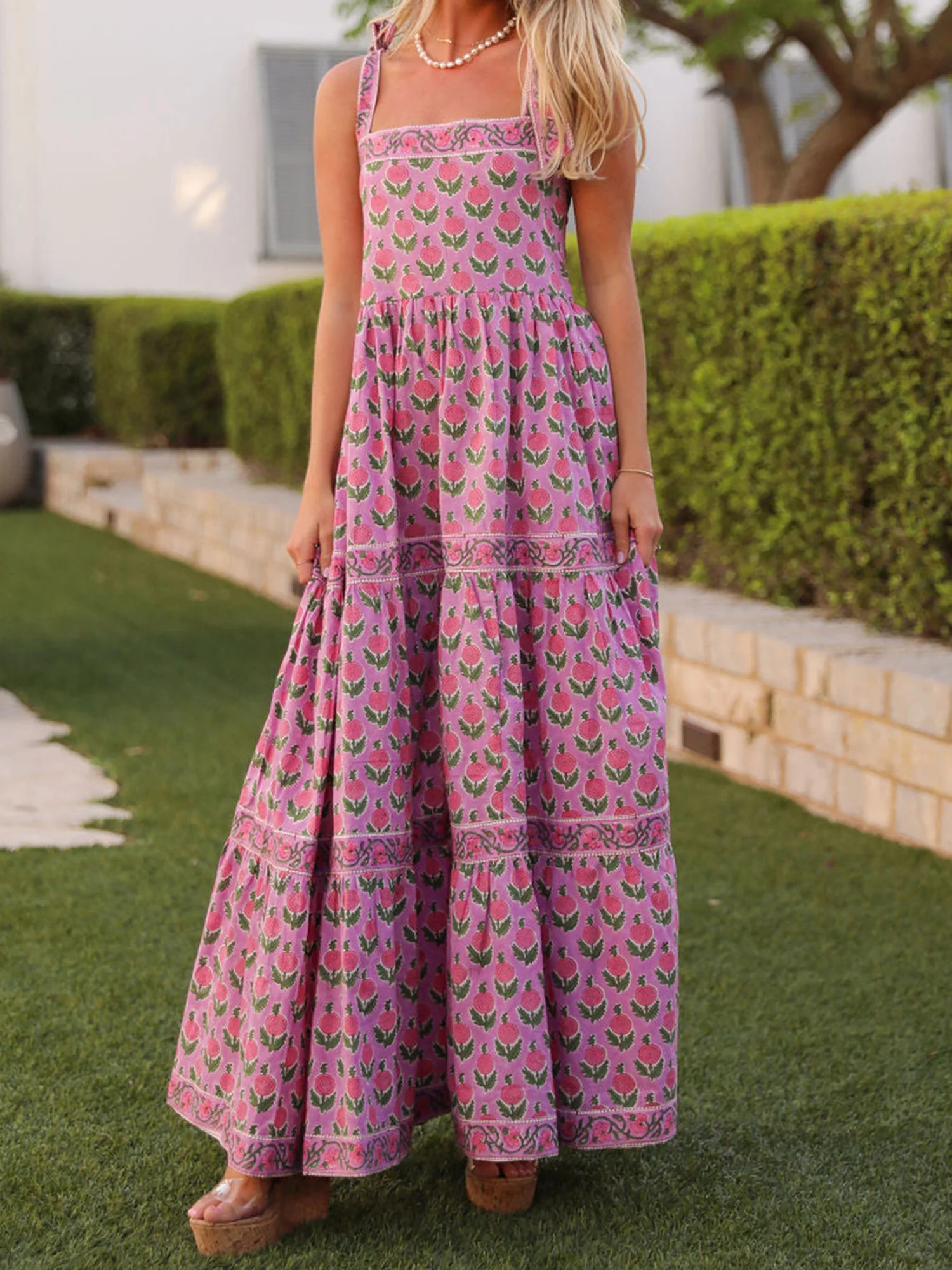 Vestido largo elegante con estampado floral para mujer con tirantes finos en morado - Vestido camisola de verano sin mangas