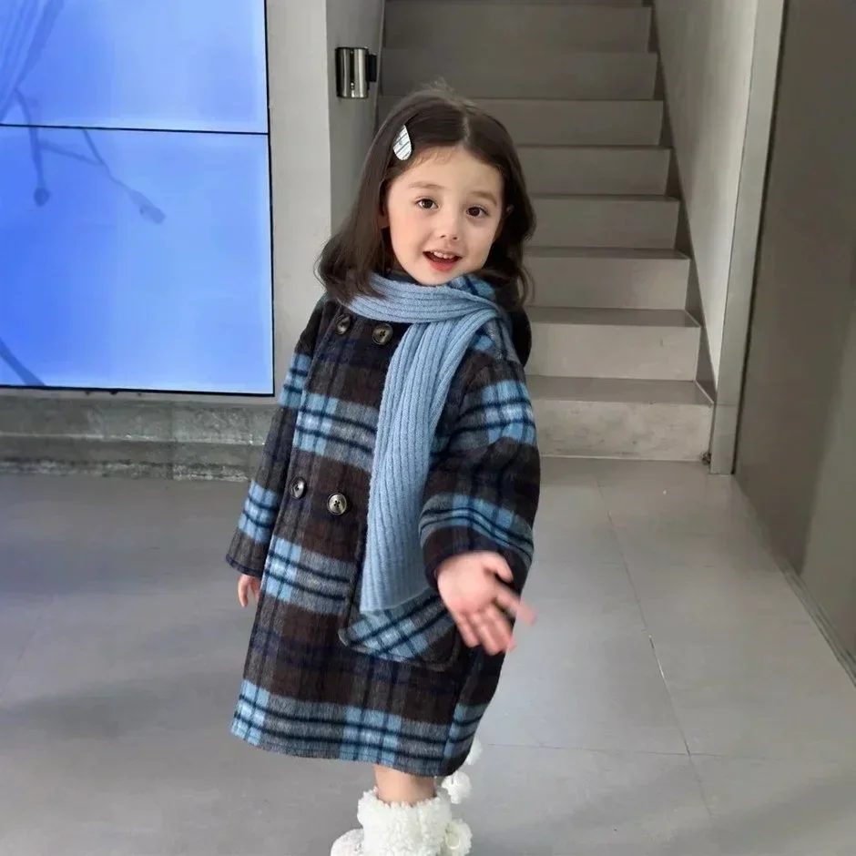 Girls' Coat Small Cleaning Plaid Material Padded Cotton Thickened Hooded Coat Coat 2024 Winter New