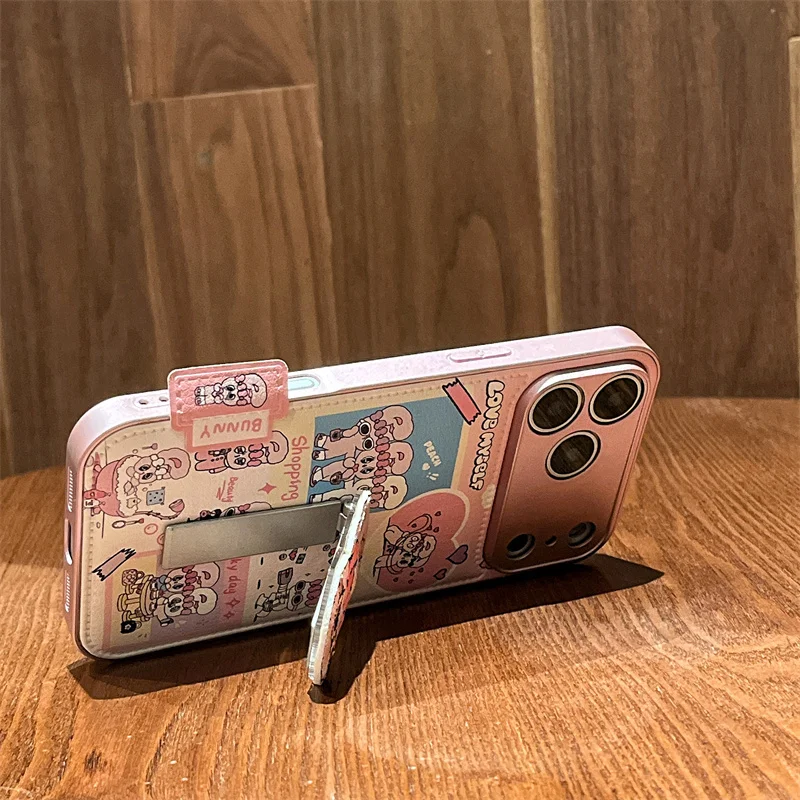 الكورية لطيف الوردي أرنب قضية الهاتف آيفون 17 برو 16 15 14 برو ماكس غطاء مع حامل حامل للصدمات واقية ل Gi